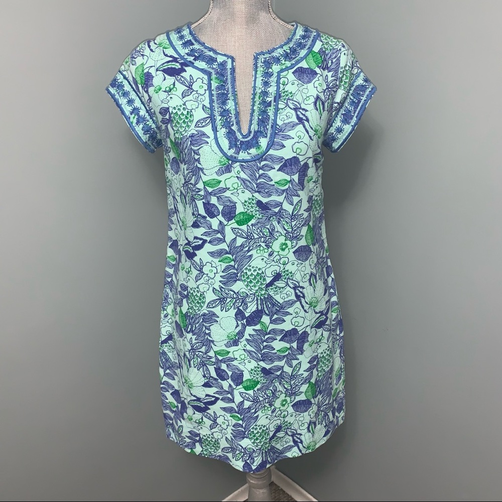 VINEYARD VINES Linen dress Embroidered flower bird tunic shift dress 00 wedding